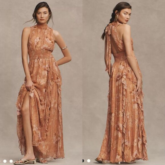 Anthropologie Dresses & Skirts - New Anthropologie BHLDN High-Neck A-Line Chiffon Floral Orange Brown Gown